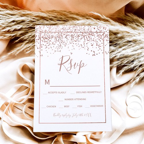 Rose gold confetti white typography rsvp