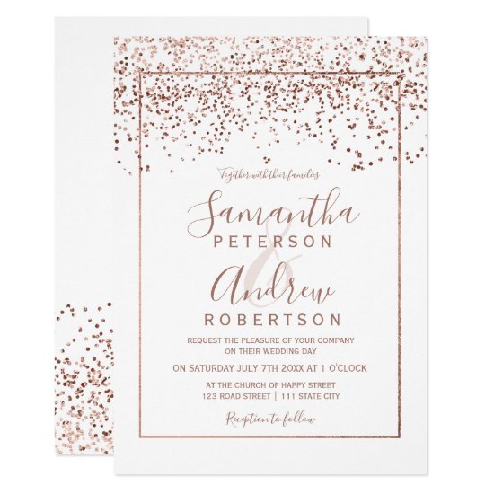Rose gold confetti white typography wedding invitation