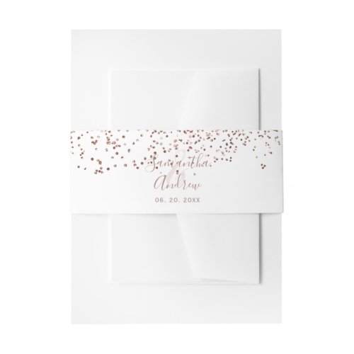 Rose gold confetti white typography wedding invitation belly band