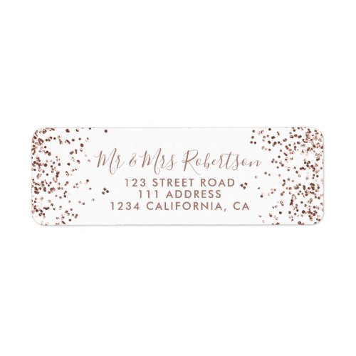 Rose gold confetti white typography wedding label