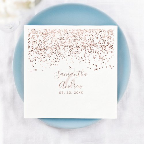 Rose gold confetti white typography wedding napkins