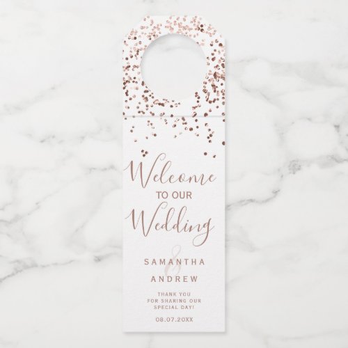 Rose gold confetti white welcome wedding bottle hanger tag