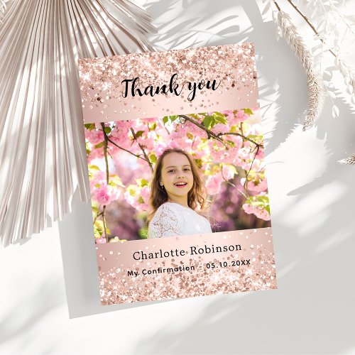 Rose gold confirmation photo thank you card