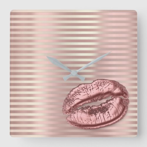 Rose Gold Copper Arabic Numbers Kiss Lips Stripes Square Wall Clock