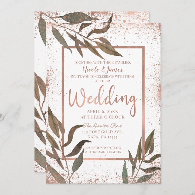 Rose Gold Copper Botanical Glam Modern Wedding Invitation (Front/Back)
