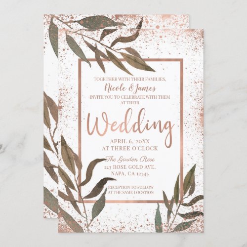 Rose Gold Copper Botanical Glam Modern Wedding Invitation