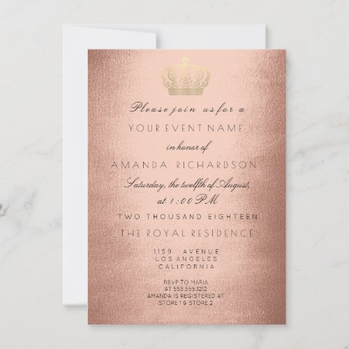 Rose Gold Copper Crown Royal Glitter 16th Bridal Invitation