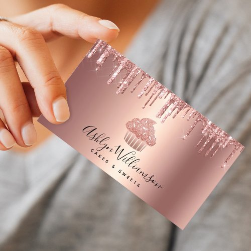 Rose Gold Copper Cupcake Glitter Drips Bakery Chef Business Card