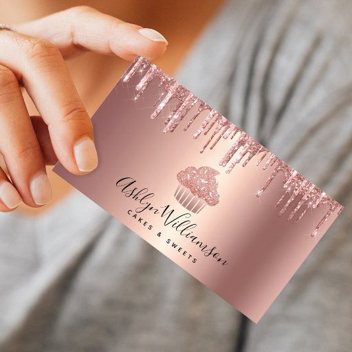 Customizable Rose Gold Copper Cupcake Glitter Drips Bakery Chef Business Card