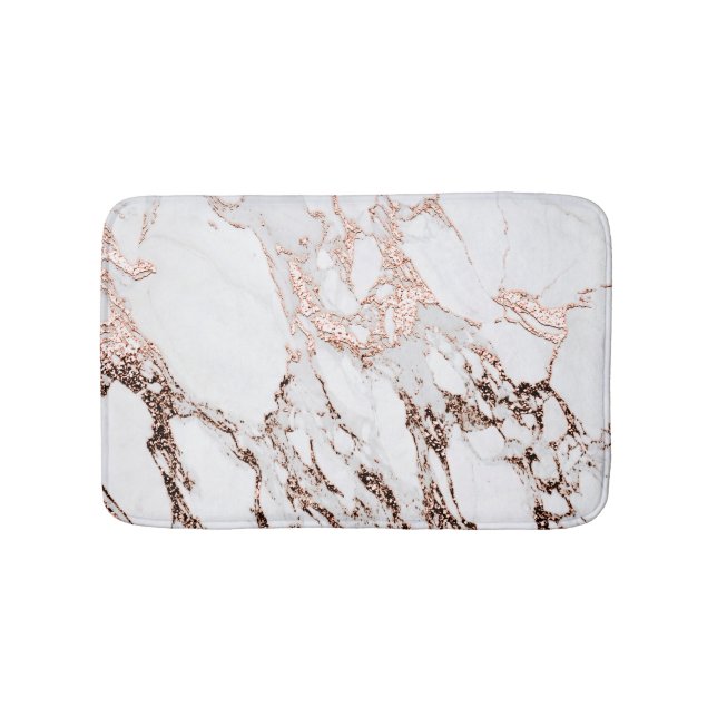Rose Gold Copper Glitter Metallic Black Marble Bathroom Mat (Front)