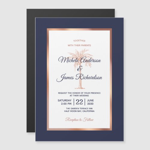 Rose Gold Copper Navy Blue Palm Tree Beach Wedding Magnetic Invitation