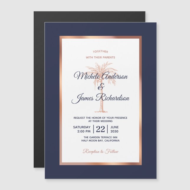Rose Gold Copper Navy Blue Palm Tree Beach Wedding Magnetic Invitation (Front/Back)