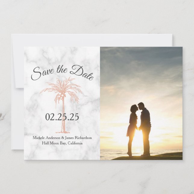 Rose Gold Copper Palm Tree Marble Photo Wedding Save The Date (Front)
