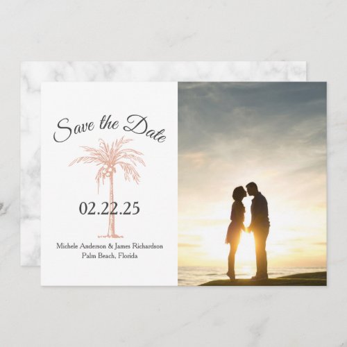 Rose Gold Copper Palm Tree Photo Marble Wedding Save The Date