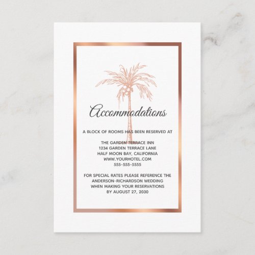 Rose Gold Copper Palm Tree Wedding Accommodations Enclosure Card