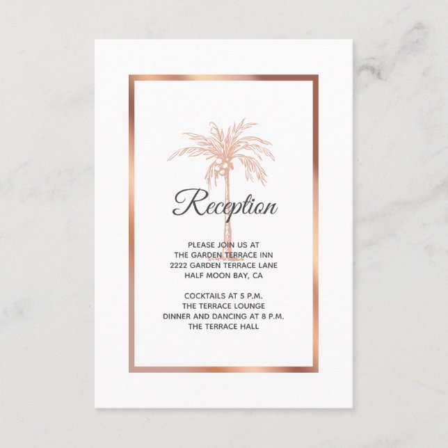 Rose Gold Copper Palm Tree Wedding Reception Enclosure Card (Front)