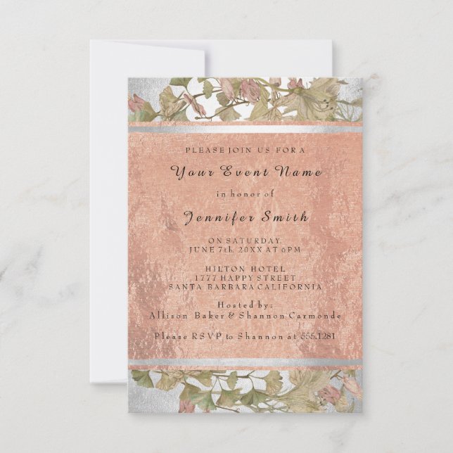 Rose Gold Copper Silver Floral Bridal 16th Green Invitation (Front)