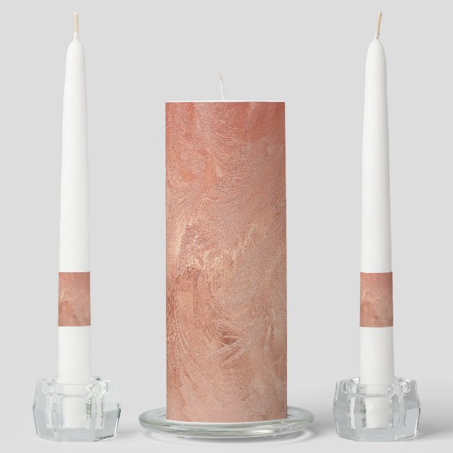 Rose Gold Copper Texture Metallic Wedding Unity Candle Set (Front)