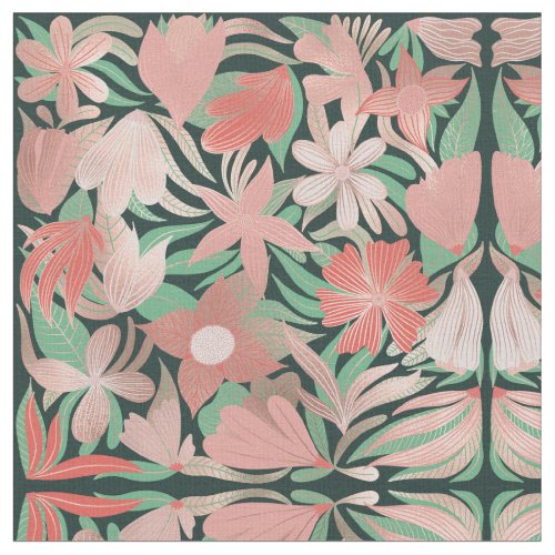 Rose Gold Coral Green Floral Leaves Illustrations Fabric