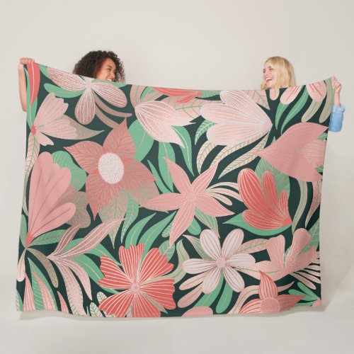 Rose Gold Coral Green Floral Leaves Illustrations Fleece Blanket