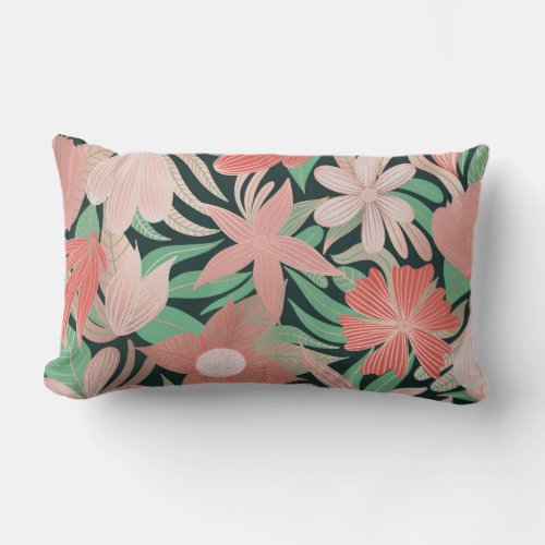 Rose Gold Coral Green Floral Leaves Illustrations Lumbar Pillow