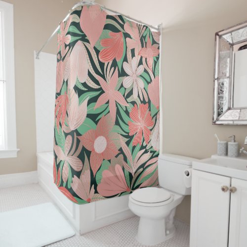 Rose Gold Coral Green Floral Leaves Illustrations Shower Curtain