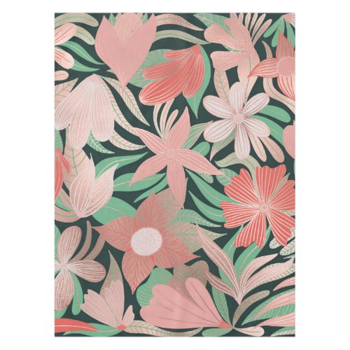 Rose Gold Coral Green Floral Leaves Illustrations Tablecloth