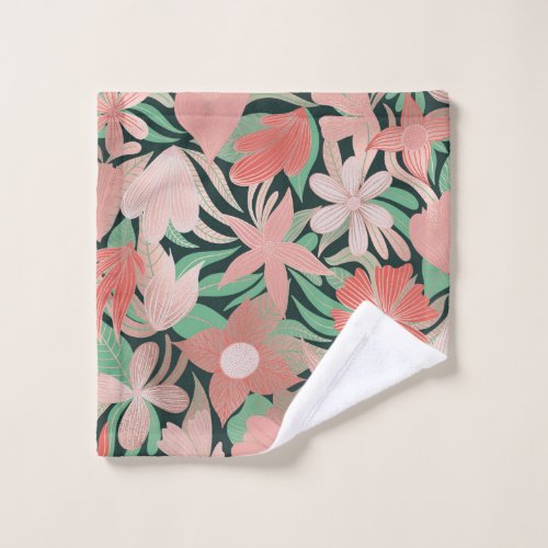 Rose Gold Coral Green Floral Leaves Illustrations Wash Cloth