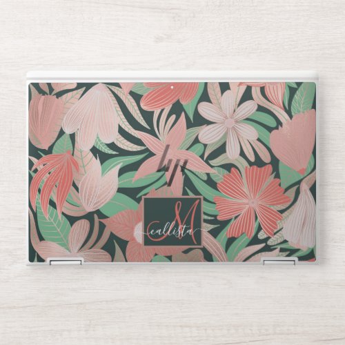 Rose Gold Coral Green Floral Leaves Monogram HP Laptop Skin