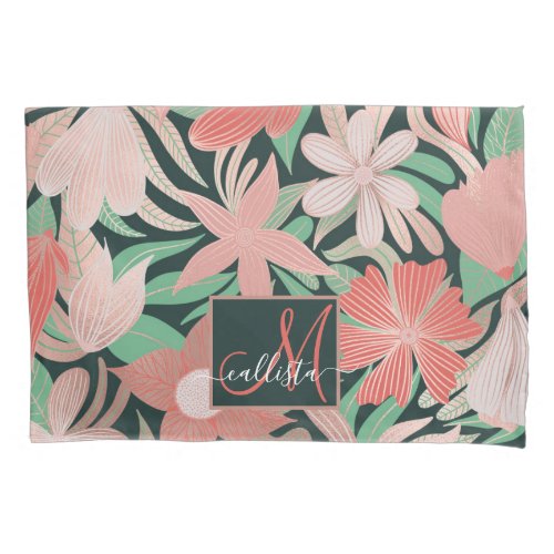 Rose Gold Coral Green Floral Leaves Monogram Pillow Case