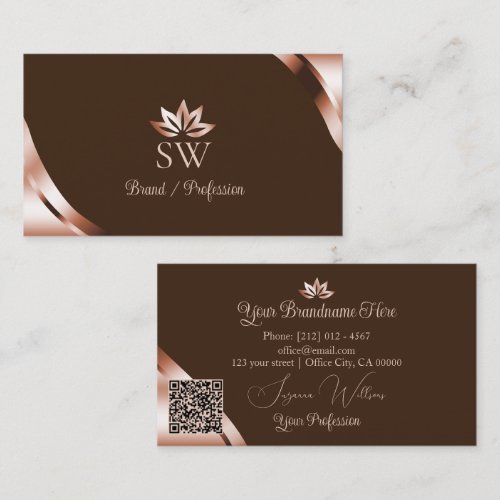 Rose Gold Corners Coffee Brown Monogram QR Code Business Card