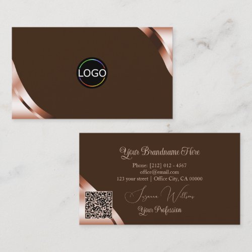 Rose Gold Corners Coffee Brown with Logo QR Code Business Card