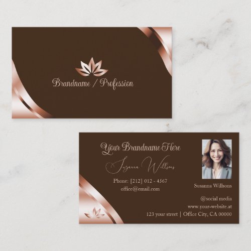 Rose Gold Corners Coffee Brown with Petals & Photo Business Card