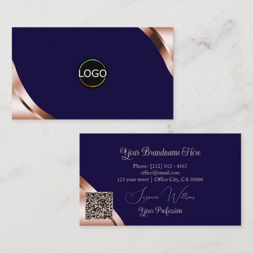 Rose Gold Corners Deep Blue with Logo and QR Code Business Card