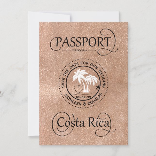 Rose Gold Costa Rica Passport Save the Date Card (Front)