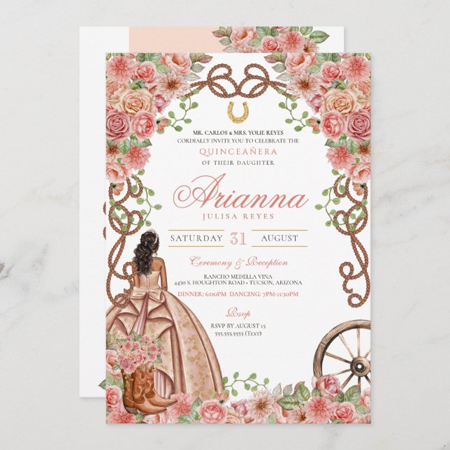 Rose Gold Country Western Charra Quinceañera Invitation (Front/Back)