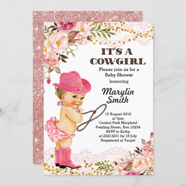 Rose Gold Cowgirl Baby Shower Girl Invitation (Front/Back)