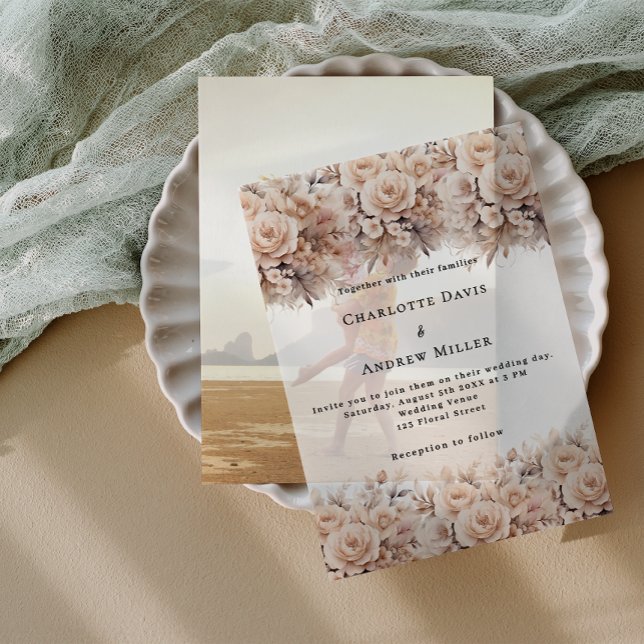 Rose gold cream florals clear wedding vellum invitations (Creator Uploaded)
