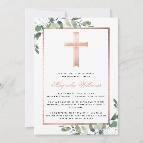 Rose Gold Cross Eucalyptus Memorial Service Invitation