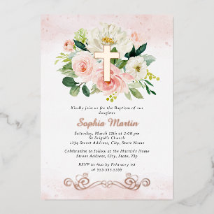 Rose Gold Cross Floral Girl Pink Baptism Foil Invitation