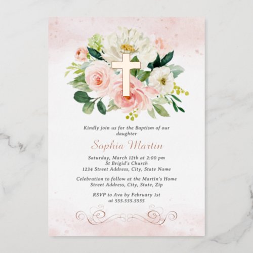 Rose Gold Cross Floral Girl Pink Baptism  Foil Invitation