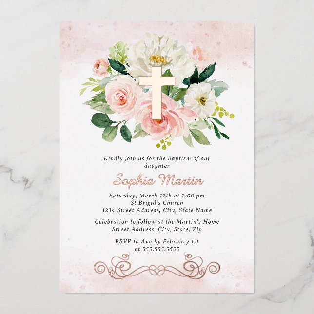 Rose Gold Cross Floral Girl Pink Baptism  Foil Invitation (Front)