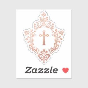 Rose Gold Cross in Crest Elegant Vintage Religious Sticker