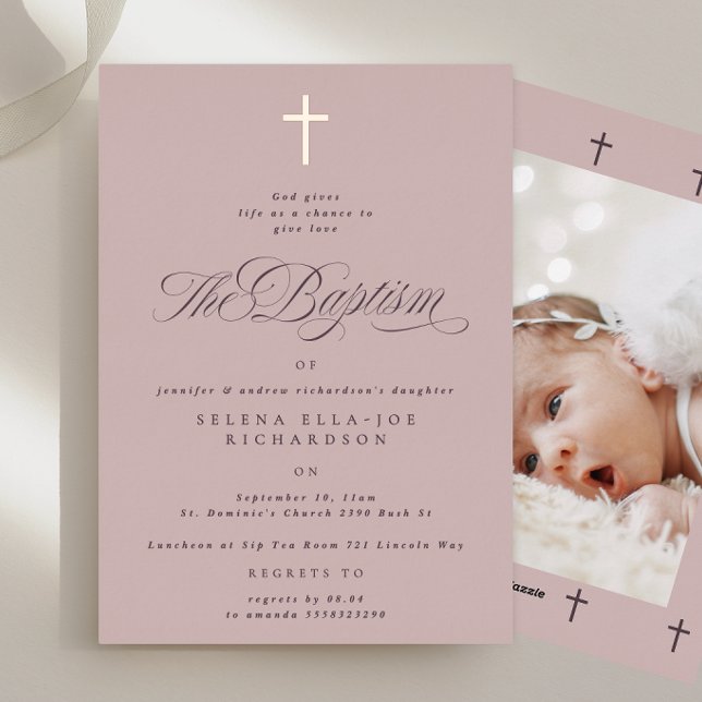 Rose Gold Cross Mauve Baptism Photo invitations (Creator Uploaded)