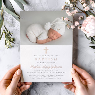 Rose Gold Cross Mauve Girl Photo Baptism Foil Invitation