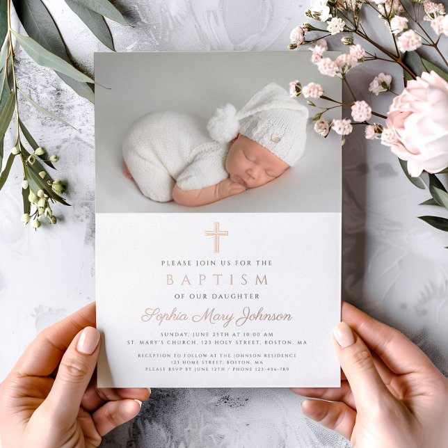 Rose Gold Cross Mauve Girl Photo Baptism Foil Invitation (Rose Gold Cross Mauve Girl Photo Baptism Foil Invitation)