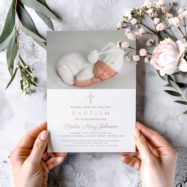 Rose Gold Cross Mauve Girl Photo Baptism Foil Invitation (Rose Gold Cross Mauve Girl Photo Baptism Foil Invitation)