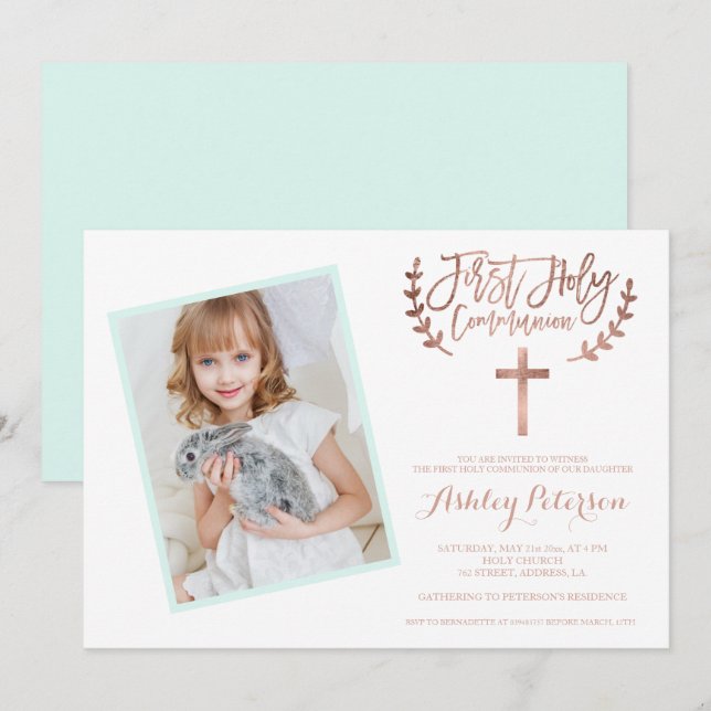 Rose Gold cross mint photo First Holy Communion 2 Invitation (Front/Back)