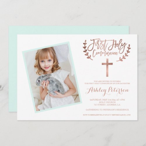 Rose Gold cross mint photo First Holy Communion 2 Invitation