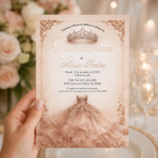 Rose Gold Crown and Ball Gown Spanish Quinceañera  Foil Invitation